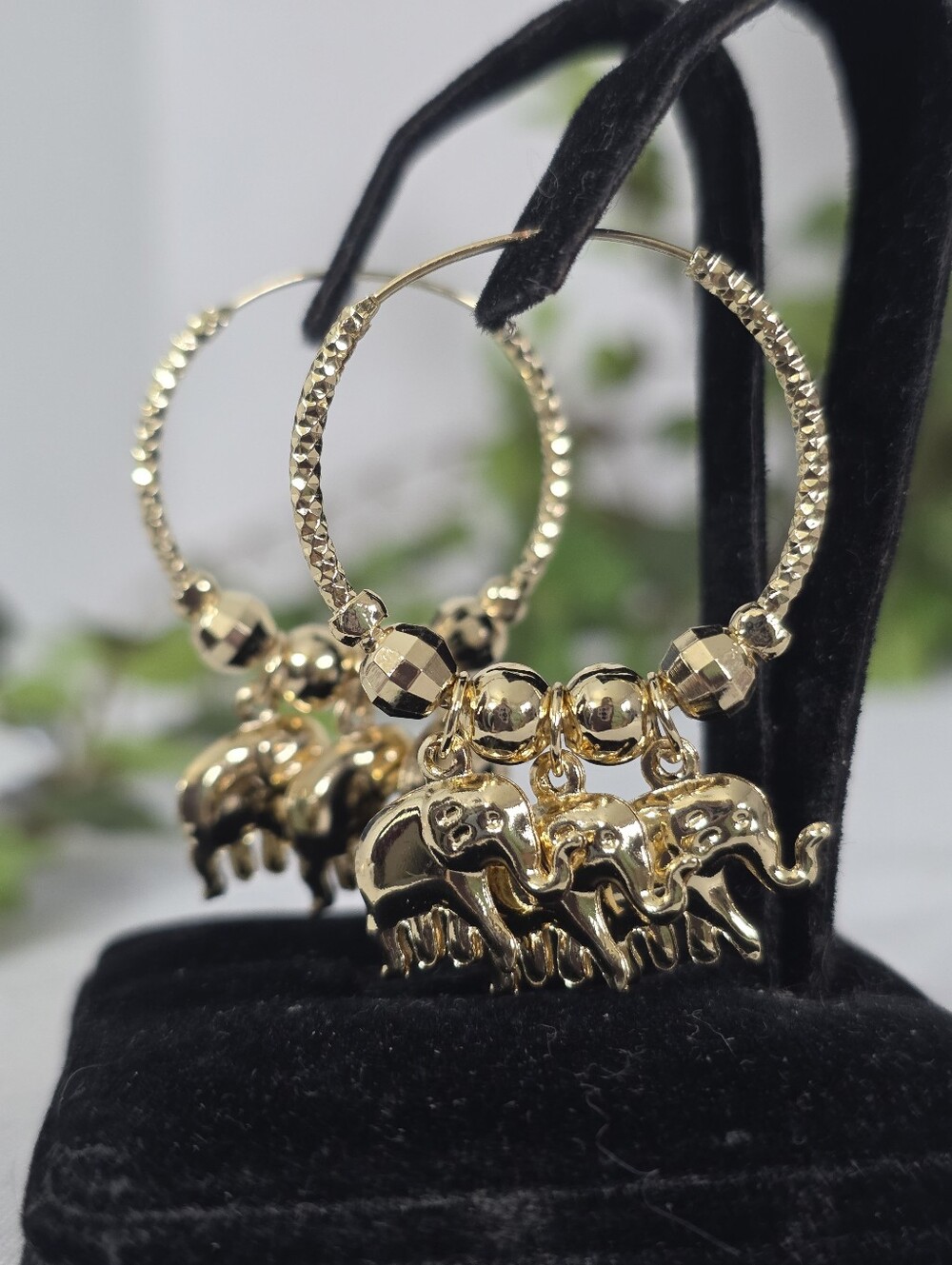 Boho Diamond Cut Gold Filled Hoop Earrings with Dangle Elephant Charms - Picture 4 of 8